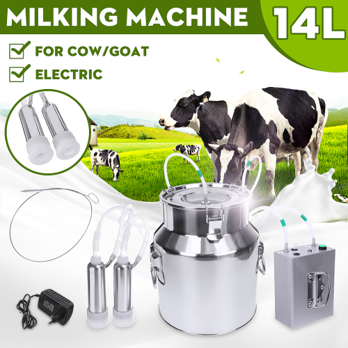 14L Cow Goat Sheep Milker Electric Milking Machine Stainless Steel Bucket Double Heads Silicone Hose With Restriction Valve