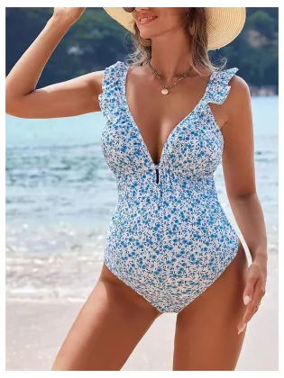 Ditsy Floral Deep V Neck Backless Ruffle Trim Maternity Swimsuit