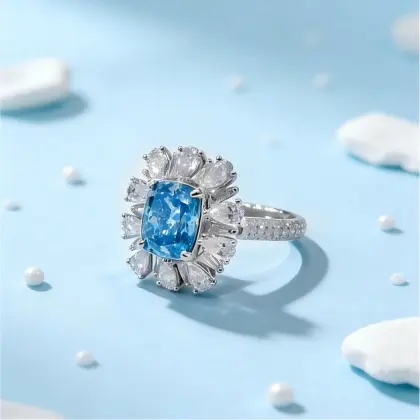 18K Cushion Blue Sunburst Diamond Ring