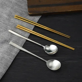 Wholesale Sustainable Korean Stainless Steel Flatware Sets with Gold Spoons and Custom Chopsticks
