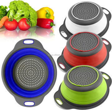 Food-Grade Plastic Base Round Foldable Silicone Strainer for Pasta and Veggies