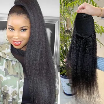 Kinky Straight Human Hair Ponytail,Remy Wrap Around Drawstring Ponytail,Human Hair Ponytail Extensions Clip In With Elastic Band