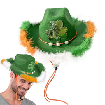 HLC St. Patrick's Day Cowboy Hat with Feather - Irish Flag Cowgirl Festival Shamrock Hats Manufacturer and Supplier
