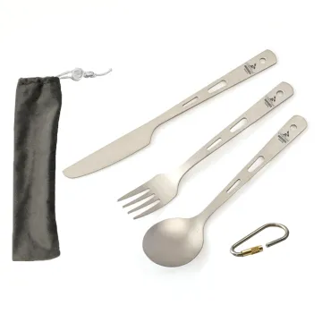 Convenient Camping Cutlery Tablewares Pure Titanium Knife & Fork & Spoon Set with carabiner