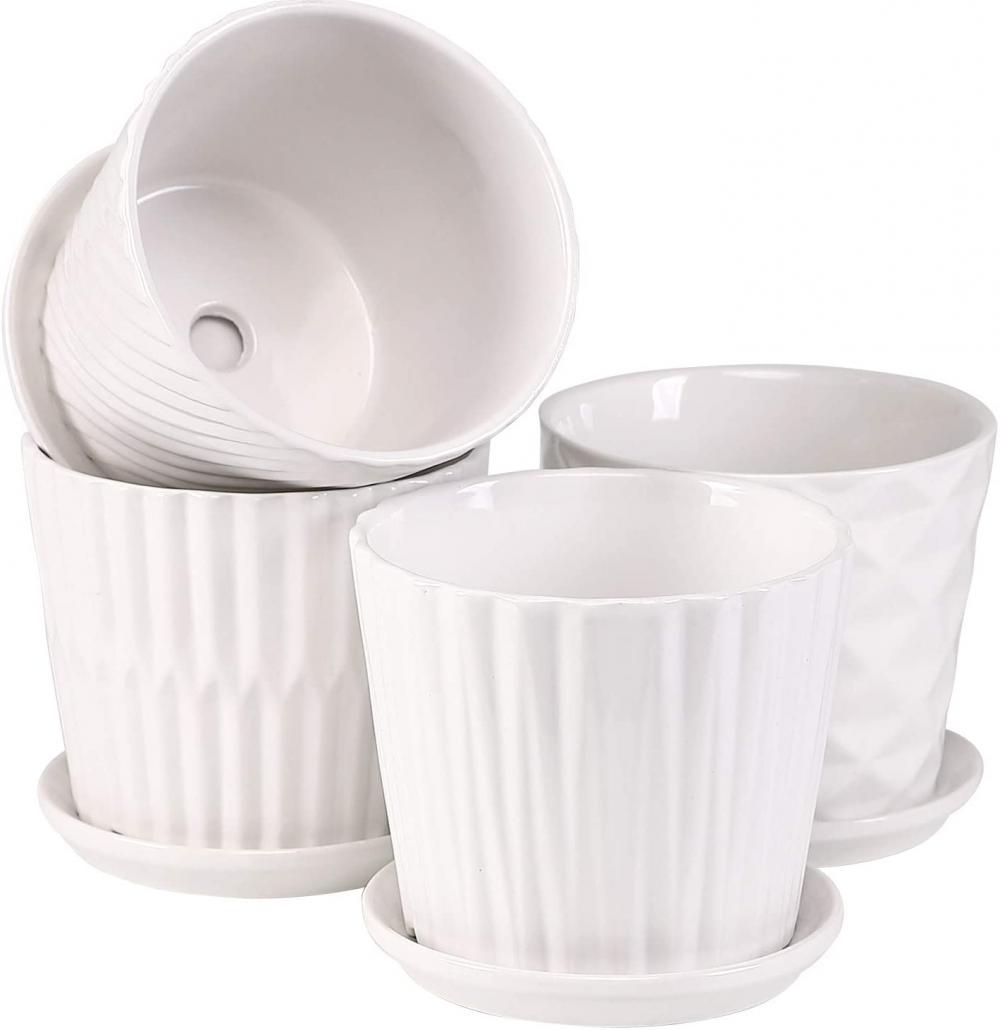 5.5 Inch Cylinder Ceramic Planters with Connected Saucer