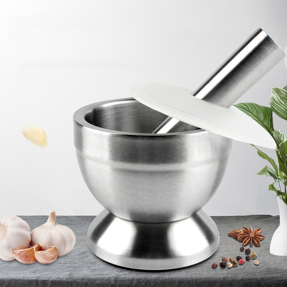 304 Stainless Steel Metal Mortar Salt And Pestle Pedestal Bowl Garlic Press Pot Herb Mills Pepper Spice Grinder Pot High Quality