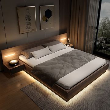 Çok fonksiyonlu depolama ve LED ışıkları ile modern ahşap tam boy yatak