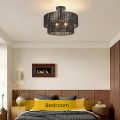 Boho Coastal rope With 2-Tier Drum Shade Farmhouse Chandelier Bedroom Semi Flush Mount Ceiling Lamp