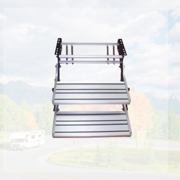 Compact Anti-Slip One-Hand Expandable Double RV Steps - Silver Powder Coat