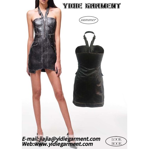 Matte Antique Wallet Halterneck Leather Mini Dress