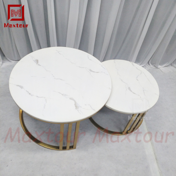 Luxusgold Edelstahl und Marmor Top 2-Runden-Couchtisch Set