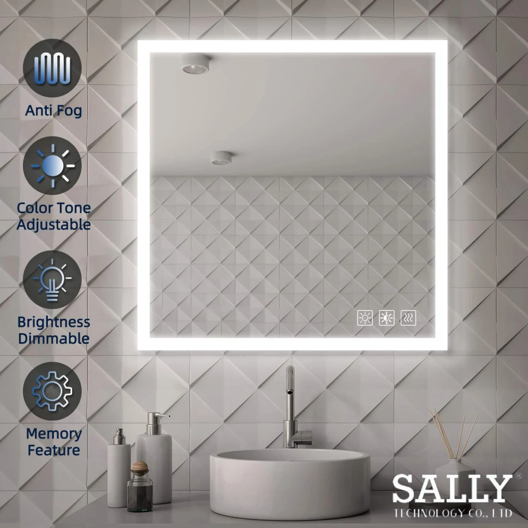 Sally Dimmable Wall Mounted Square Mirror Touch LED Lighted Bathroom Mirrors Makeup Vanity Mirror with Lights for Bedroom