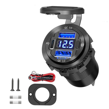 12V Car Charger Socket with Dual Quick Charge 3.0, PD USB C, Voltmeter, and Power Switch for DIY Marine RV Applications