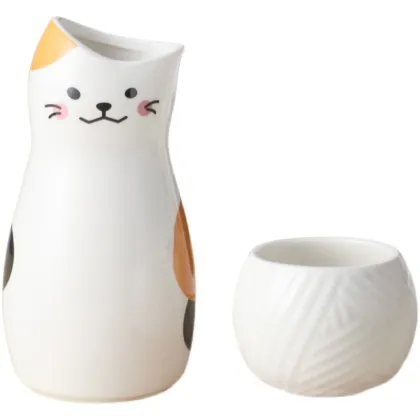 Elegant Japanese Sake Set with Cute Cat