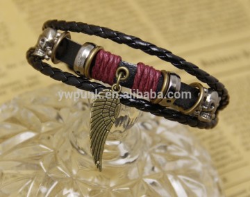 China Top Fashion Jewelry Manufacture with supreme quality competitive Price Bronze Angel's Wing Charm Leather bracelet
