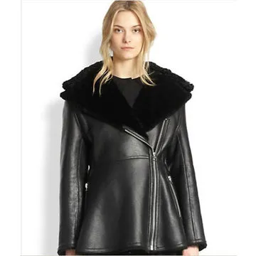 Muse Leather and Lamb Shearling Peplum Biker Leather Jacket