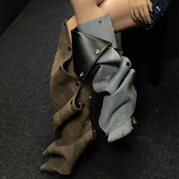 Winter 2024 Women's Fashion Button Rivet Thin Heel Knee High Boots