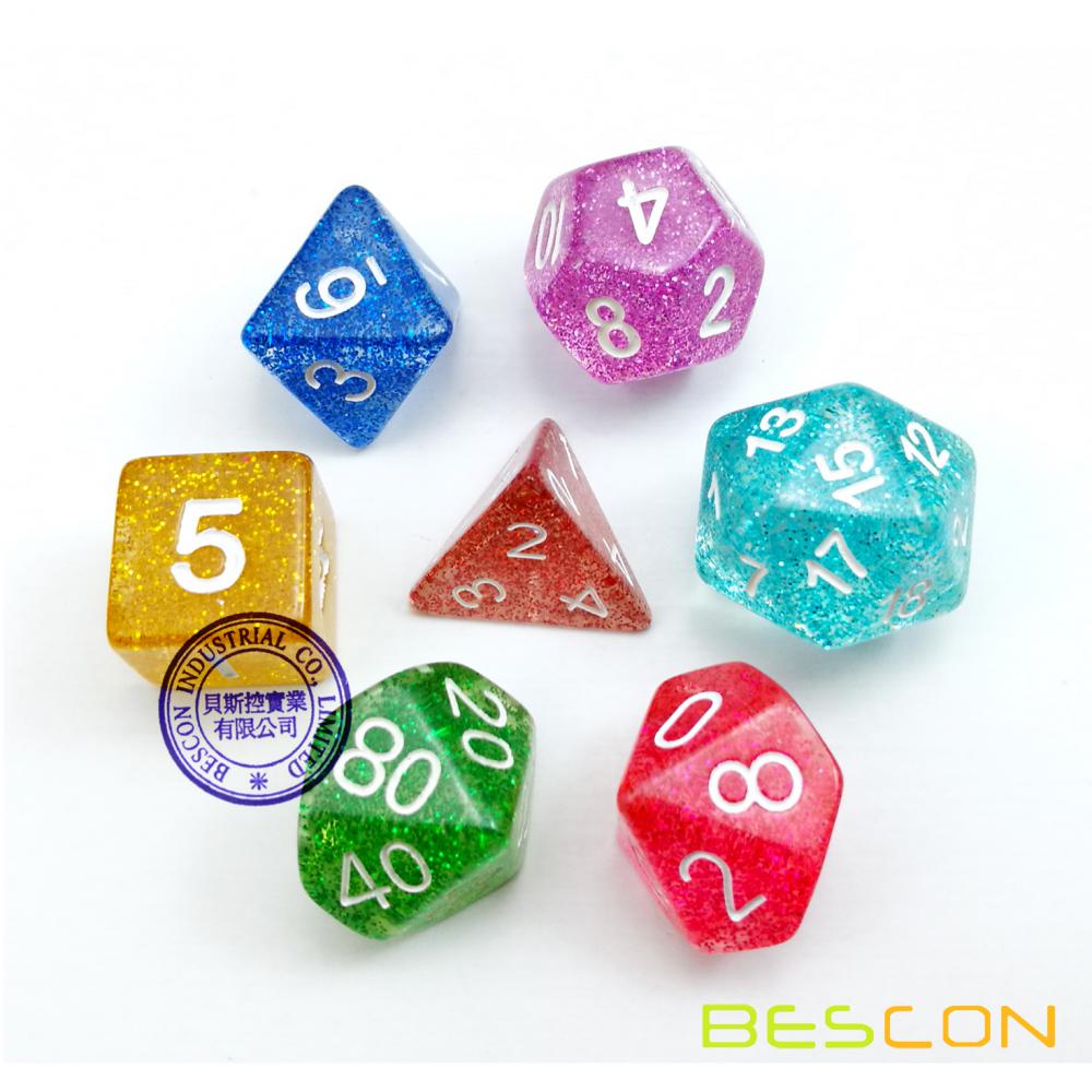 Sortierter farbiger bunter Glitter-Polyhedral-Würfel 7pcs stellte, Glitter-RPG-Würfel-Satz d4 d6 d8 d10 d12 d20 d%, klares Rohr-Verpacken ein