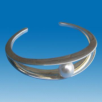 925 Sterling Silver Bangle with Natural Pearl, Pearl Bracelet, OEM Orders are Welcome