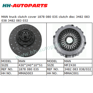 Clutch Disc 1878 080 035, Clutch Pressure Plate 3482 083 038 3482 083 032 for MAN Truck Clutch Cover Assembly Spring