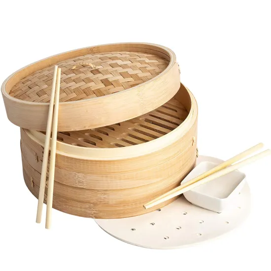 Natural Bamboo Dumpling Steamer Set with Chopsticks, Sauce Dish, and Liners