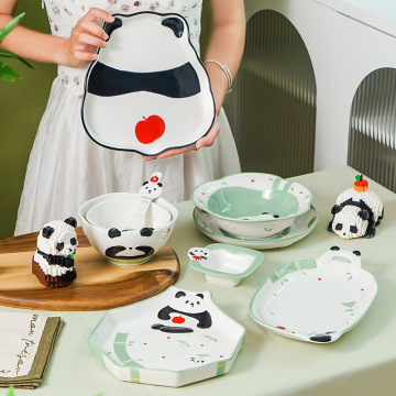 Cute Panda Relief Ceramic Dinner Plate Noodle Soup Rice Bowl Tableware Set for Household Use