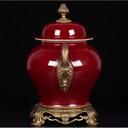Chinese High-end Copper Inlaid Oriental Red Ceramic Vase