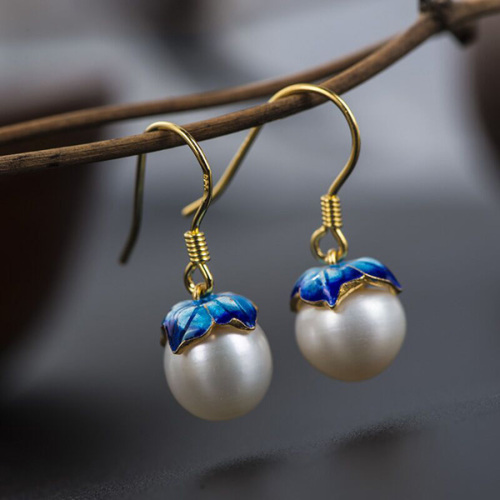 925 Sterling Silver Gilt Earrings Cloisonne Lotus Freshwater Pearl Earrings