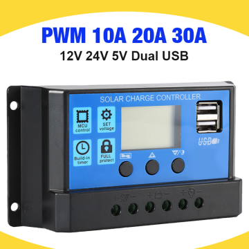 30A/20A/10A 12V 24V Auto Solar Charger Controller PWM Controllers LCD Display 5V Dual USB Output Solar Regulator Controller