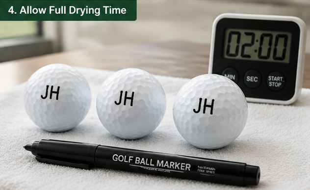Freshly marked golf balls drying on clean towel with marking pen