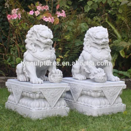 Hand carved stone chinese fu dogs statues
