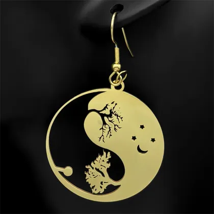 Tai Chi Tree of Life Star Moon Pendant Earrings - Stainless Steel Silver Jewelry Gifts for Men and Women