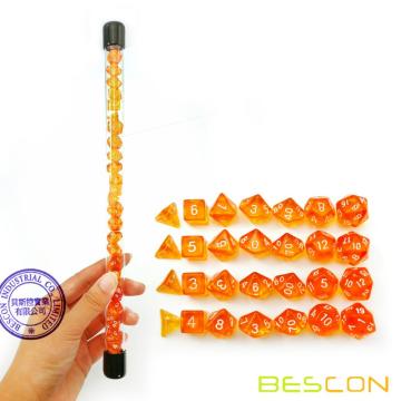 Bescon 28pcs Ensemble de Dés Polyhédral Orange Orange Translucide en Tube, Donjons et Dragons RPG Dés 4X7pcs, Ensemble de Dés Mini Gem