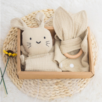 3-Piece Neutral Theme Baby Gift Set: Muslin Cotton Bunny Comforter, Bib, Teether, Ring, Towel, and Cuddle Cloth