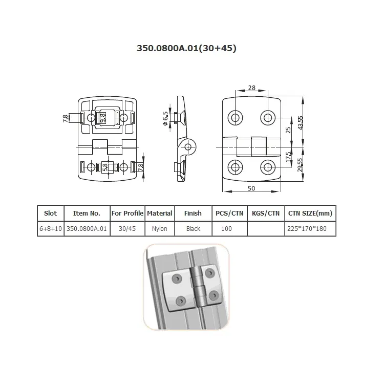90 Degree Adjustable Spring Hinge for aluminum profile