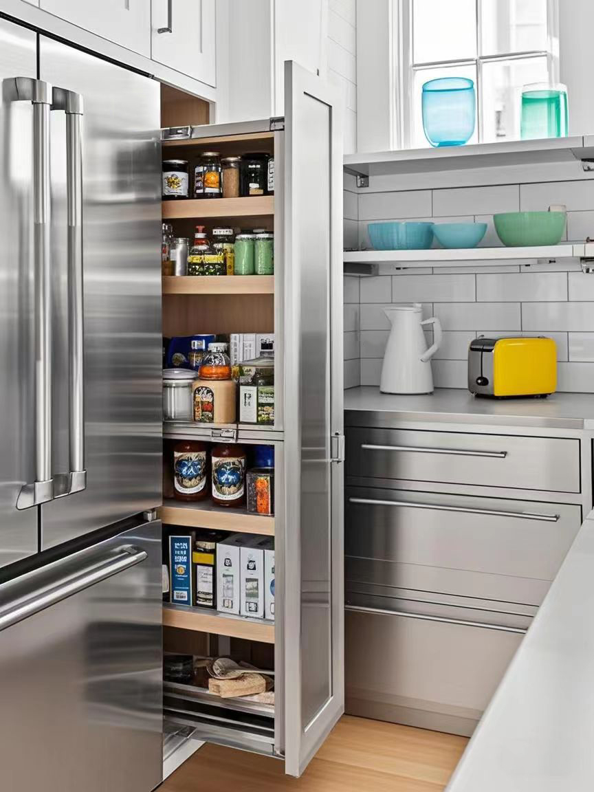 Sliding SS shelves next to the fridge