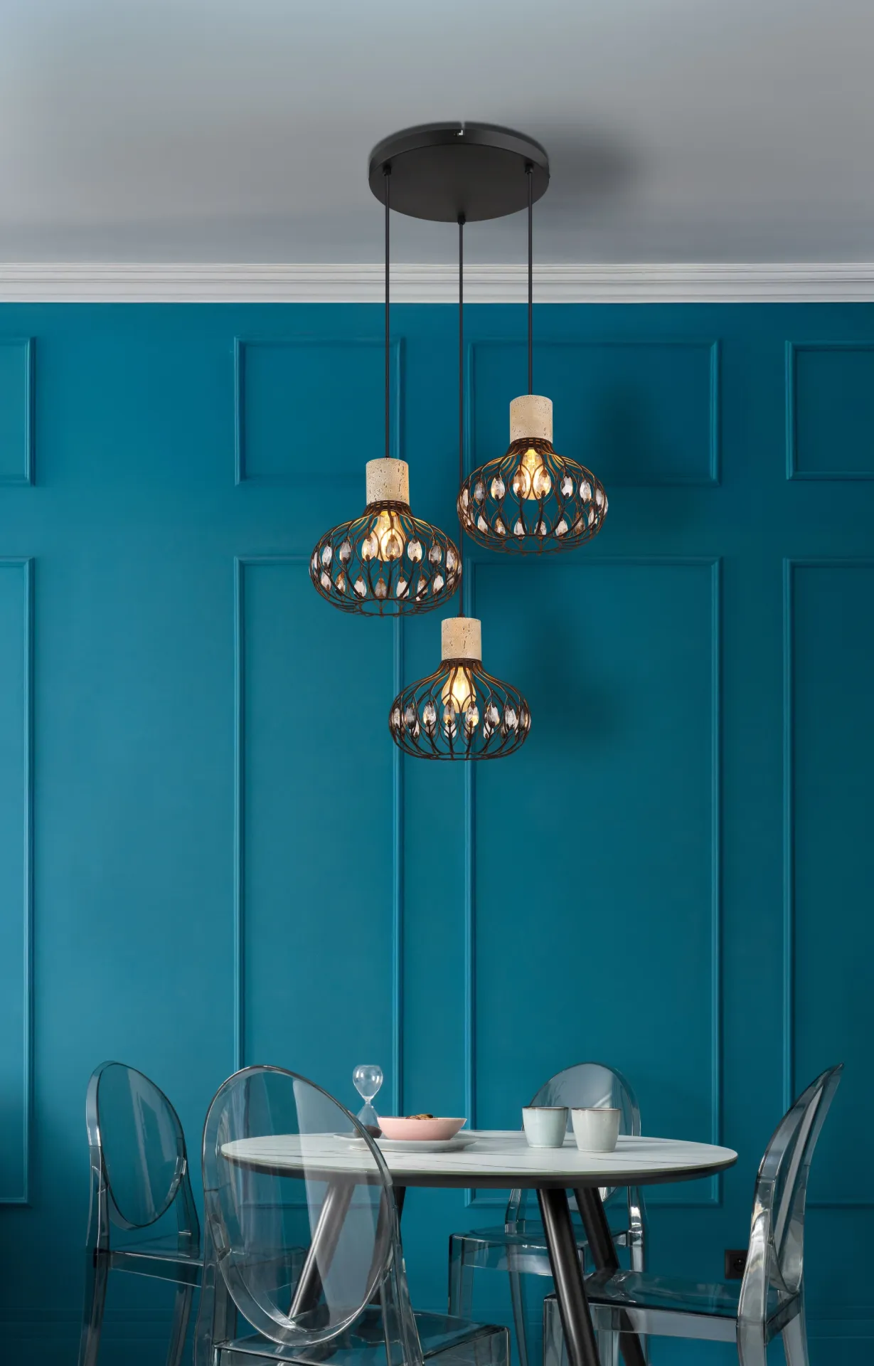 Vintage Black Metal Hanging Light with Crystals (2)