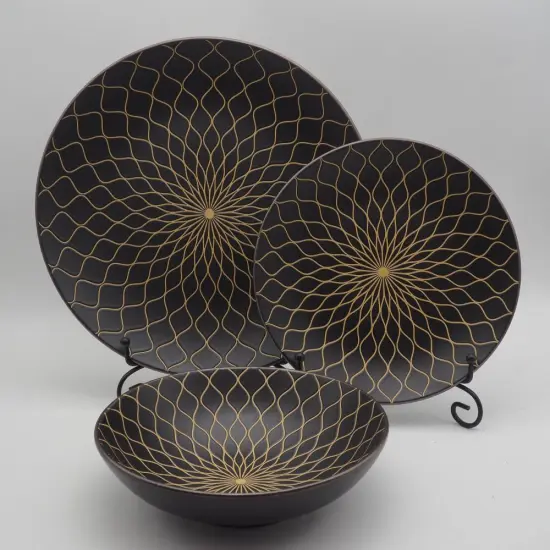 Most popular color black and gold stoneware dinnerware sets,striped stoneware dinnerware set, antique stoneware dinner set