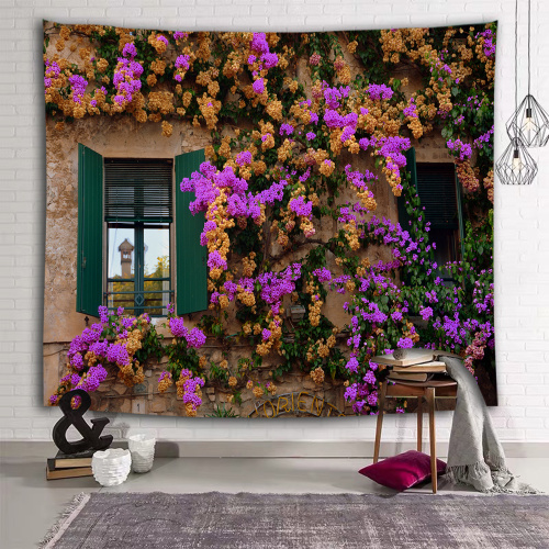 Yellow Purple Flower Wall Tapestry Countryside Window Floral Tapestry Wall Hanging for Livingroom Bedroom Dorm Home Decor