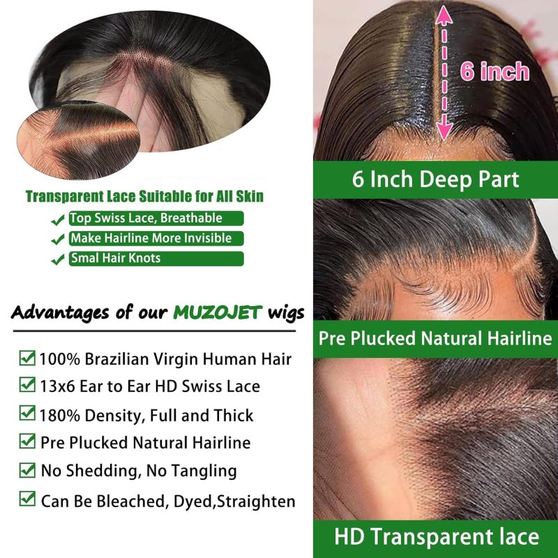 13x6 Lace Front Wigs Human Hair 180 Density HD Swiss Lace Body Wave Wig