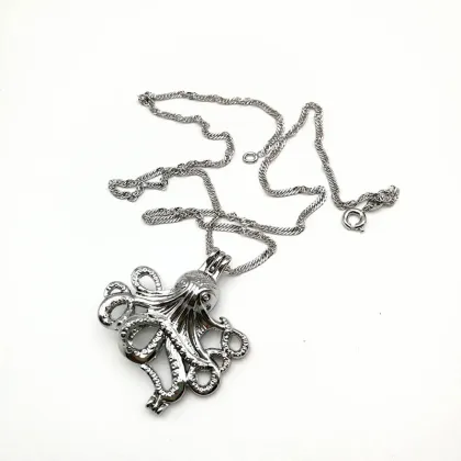 Silver Stone Pearl Cage Ocean Octopus Locket Necklace