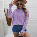 Women Lace Crochet Long Sleeve Crewneck Sweaters