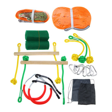 Ninja Obstacle Course: Slackline, Climbing Net, Ladder, Spinning Wheel, Monkey Bars for Backyard Gym