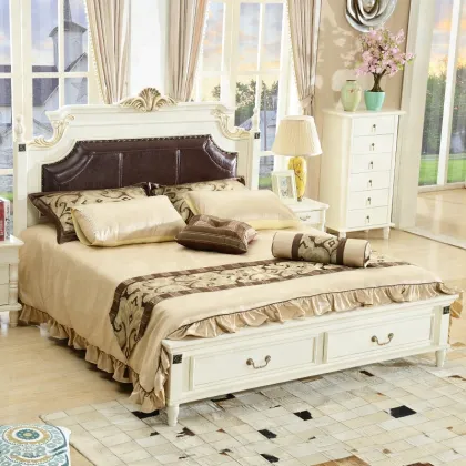 American Style Brown Leather Headboard MDF Wooden Double Bed