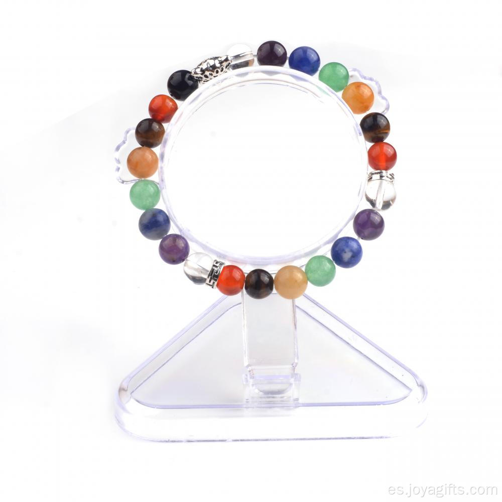 Moda caliente 7 Chakra 8MM piedra redonda abalorios pulsera elástica con Leapard cabeza