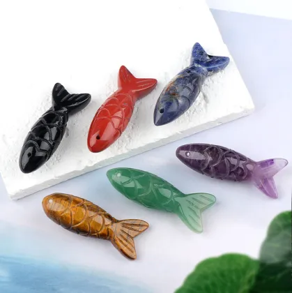 Gemstone Craving Fish Pendant Natural Stone Handmade Craved Fish Pendant (15X40MM) Crystal Fish Charm Pendant for Diy Jewelry