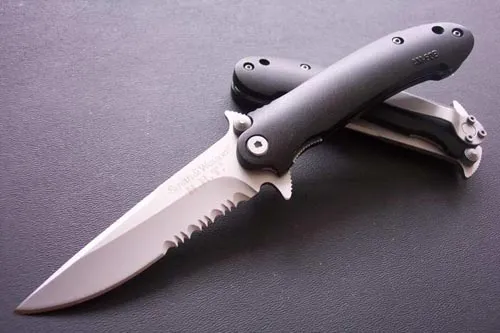 satin finish combo edge blade pocket knife w,black aluminum handle