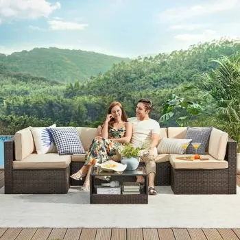 Customizable Rattan Wicker Courtyard Garden Sofa Sets with Elegant Tables