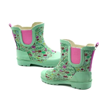 Green Toddlers Ankle-High Natural Rubber Boots with Printing