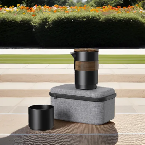 Custom DHPO Mini Luxury Travel Tea Set with Logo: Black Teapot, Porcelain Cup, Wooden Sleeve, and Packed Box